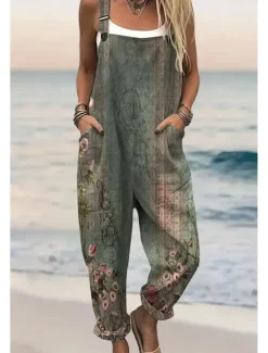 Online Women's Dungarees Active Floral Sleeveless Sleeveless Harem Square Neck Pocket with Pocket Vacation Daily Loose Fit Army Green Green Beige Summer Women Graphic Jumpsuit