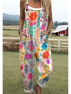 Women's Dungarees Active Floral Sleeveless Sleeveless Straight Square Neck Pocket with Pocket Vacation Daily Loose Fit White Pink Purple Summer Women Graphic Jumpsuit