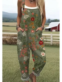 Women's Dungarees Active Floral Sleeveless Sleeveless Straight Square Neck Pocket with Pocket Vacation Daily Loose Fit White Pink Purple Summer Women Graphic Jumpsuit
