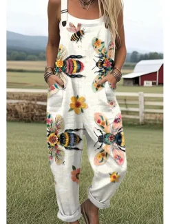 Women's Dungarees Active Floral Sleeveless Sleeveless Straight Square Neck Pocket with Pocket Vacation Daily Loose Fit White Pink Purple Summer Women Graphic Jumpsuit