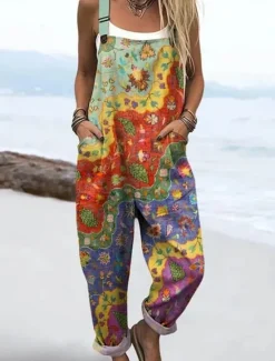 Best Women's Dungarees Active Floral Sleeveless Sleeveless Straight Square Neck Pocket with Pocket Vacation Daily Loose Fit Pink Purple Khaki Summer Women Graphic Jumpsuit