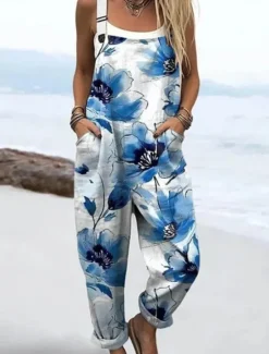 Best Women's Dungarees Active Floral Sleeveless Sleeveless Straight Square Neck Pocket with Pocket Vacation Daily Loose Fit Blue Purple Orange Summer Women Graphic Jumpsuit