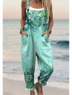 New Women's Dungarees Active Floral Sleeveless Sleeveless Straight Square Neck Pocket with Pocket Vacation Daily Loose Fit Pink Red Green Summer Women Graphic Jumpsuit