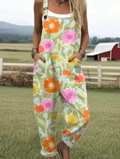 Discount Women's Dungarees Active Floral Sleeveless Sleeveless Straight Square Neck Pocket with Pocket Vacation Daily Loose Fit White Pink Blue Summer Women Graphic Jumpsuit