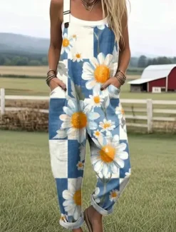 Discount Women's Dungarees Active Floral Sleeveless Sleeveless Straight Square Neck Pocket with Pocket Vacation Daily Loose Fit White Pink Blue Summer Women Graphic Jumpsuit