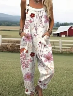 Discount Women's Dungarees Active Floral Sleeveless Sleeveless Straight Square Neck Pocket with Pocket Vacation Daily Loose Fit White Pink Blue Summer Women Graphic Jumpsuit
