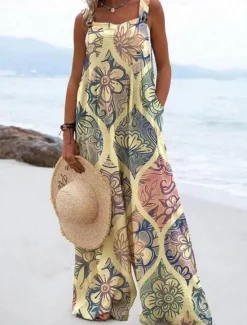 New Women's Dungarees Active Floral Sleeveless Wide Leg Vacation Street Loose Fit Yellow Blue Gray Summer Women Graphic Jumpsuit