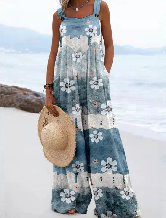 New Women's Dungarees Active Floral Sleeveless Wide Leg Vacation Street Loose Fit Yellow Blue Gray Summer Women Graphic Jumpsuit