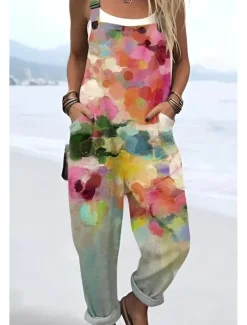 New Women's Dungarees Active Floral Sleeveless Sleeveless Straight Square Neck Pocket with Pocket Vacation Daily Loose Fit Pink Purple Green Summer Women Graphic Jumpsuit