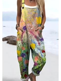 New Women's Dungarees Active Floral Sleeveless Sleeveless Straight Square Neck Pocket with Pocket Vacation Daily Loose Fit Pink Purple Green Summer Women Graphic Jumpsuit