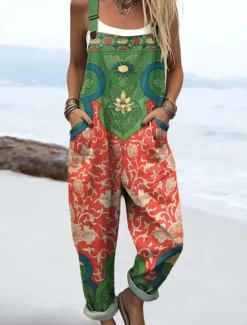 Discount Women's Dungarees Active Floral Sleeveless Sleeveless Straight Square Neck Pocket with Pocket Vacation Daily Loose Fit Orange Green Beige Summer Women Graphic Jumpsuit
