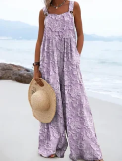 Outlet Women's Dungarees Active Floral Sleeveless Wide Leg Vacation Street Loose Fit Blue Purple Green Summer Women Jumpsuits|Graphic Jumpsuit