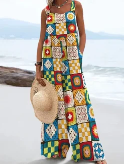 Discount Women's Dungarees Active Floral Sleeveless Sleeveless Wide Leg Pocket Buttons Vacation Daily Loose Fit Black White Yellow Summer Women Jumpsuits|Graphic Jumpsuit