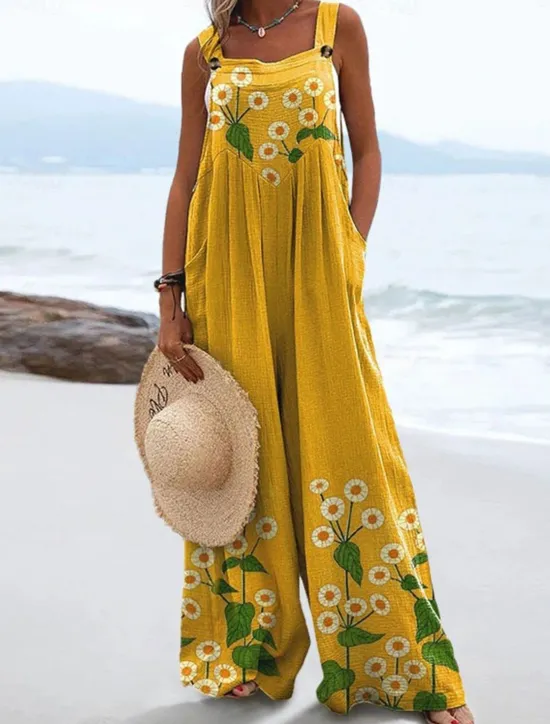 Discount Women's Dungarees Active Floral Sleeveless Sleeveless Wide Leg Pocket Buttons Vacation Daily Loose Fit Black White Yellow Summer Women Jumpsuits|Graphic Jumpsuit