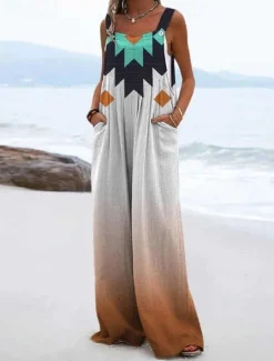 Discount Women's Dungarees Active Floral Sleeveless Sleeveless Wide Leg Pocket Buttons Vacation Daily Loose Fit Black White Yellow Summer Women Jumpsuits|Graphic Jumpsuit