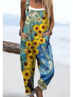 New Women's Dungarees Active Floral Sleeveless Sleeveless Straight Square Neck Pocket with Pocket Vacation Daily Loose Fit Red Blue Green Summer Women Graphic Jumpsuit