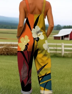 Outlet Women's Dungarees Active Floral Sleeveless Harem Drawstring with Pocket Vacation Street Loose Fit Yellow Red Blue Summer Women Graphic Jumpsuit|Jumpsuits