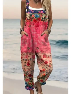 Clearance Women's Dungarees Active Floral Sleeveless Sleeveless Straight Square Neck Pocket with Pocket Vacation Daily Loose Fit Pink Red Green Summer Women Graphic Jumpsuit