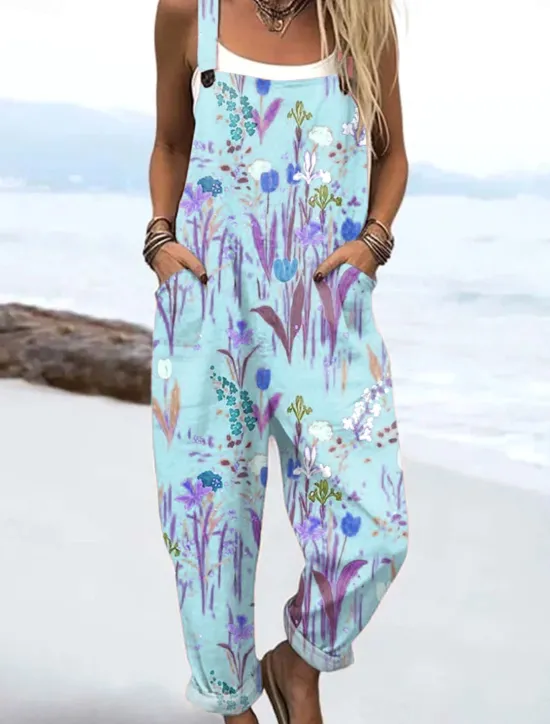 Discount Women's Dungarees Active Floral Sleeveless Harem Drawstring with Pocket Vacation Street Loose Fit Pink Blue Purple Summer Women Jumpsuits|Graphic Jumpsuit
