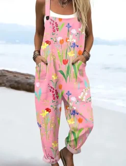 Discount Women's Dungarees Active Floral Sleeveless Harem Drawstring with Pocket Vacation Street Loose Fit Pink Blue Purple Summer Women Jumpsuits|Graphic Jumpsuit