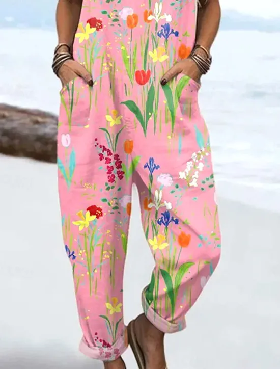 Discount Women's Dungarees Active Floral Sleeveless Harem Drawstring with Pocket Vacation Street Loose Fit Pink Blue Purple Summer Women Jumpsuits|Graphic Jumpsuit
