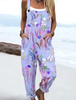 Discount Women's Dungarees Active Floral Sleeveless Harem Drawstring with Pocket Vacation Street Loose Fit Pink Blue Purple Summer Women Jumpsuits|Graphic Jumpsuit