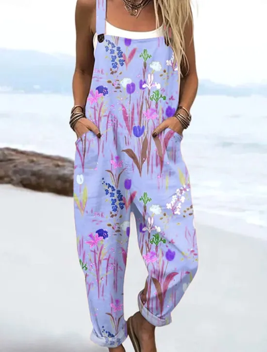 Discount Women's Dungarees Active Floral Sleeveless Harem Drawstring with Pocket Vacation Street Loose Fit Pink Blue Purple Summer Women Jumpsuits|Graphic Jumpsuit