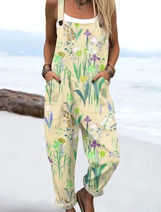 Discount Women's Dungarees Active Floral Sleeveless Harem Drawstring with Pocket Vacation Street Loose Fit Pink Blue Purple Summer Women Jumpsuits|Graphic Jumpsuit