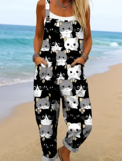 Clearance Women's Dungarees Active Graphic Sleeveless Wide Leg Print Vacation Street Loose Fit Yellow Pink Blue Summer Women Jumpsuits|Graphic Jumpsuit