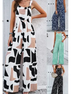 Discount Women's Dungarees Active Graphic Sleeveless Sleeveless Wide Leg Pocket Buttons Vacation Daily Loose Fit Black White Navy Blue Summer Women Graphic Jumpsuit
