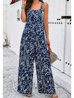 Discount Women's Dungarees Active Graphic Sleeveless Sleeveless Wide Leg Pocket Buttons Vacation Daily Loose Fit Black White Navy Blue Summer Women Graphic Jumpsuit