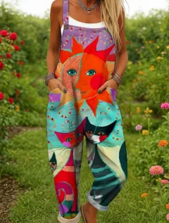 Online Women's Dungarees Active Graphic Sleeveless Wide Leg Print Vacation Street Loose Fit Yellow Red Blue Summer Women Jumpsuits|Graphic Jumpsuit