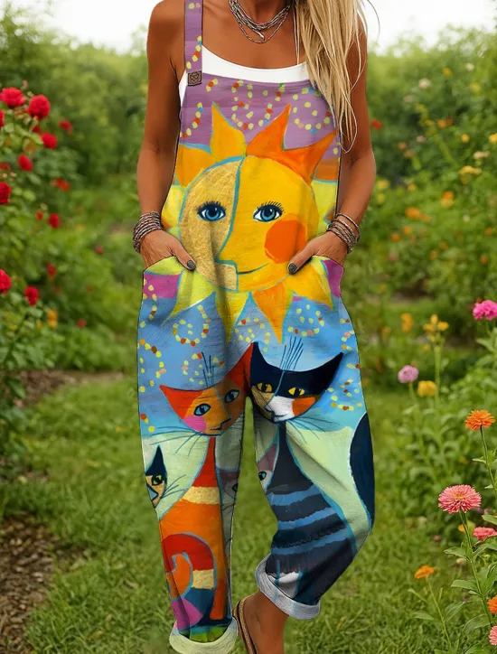 Online Women's Dungarees Active Graphic Sleeveless Wide Leg Print Vacation Street Loose Fit Yellow Red Blue Summer Women Jumpsuits|Graphic Jumpsuit
