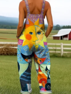 Online Women's Dungarees Active Graphic Sleeveless Wide Leg Print Vacation Street Loose Fit Yellow Red Blue Summer Women Jumpsuits|Graphic Jumpsuit