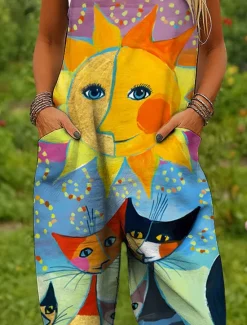 Online Women's Dungarees Active Graphic Sleeveless Wide Leg Print Vacation Street Loose Fit Yellow Red Blue Summer Women Jumpsuits|Graphic Jumpsuit