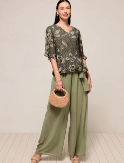 Online Women's Elegant Blouse Wide Leg Pants Half Sleeve V Neck Floral Bow WorkWear Daily Wear Summer Loose Fit Women Two Piece Sets