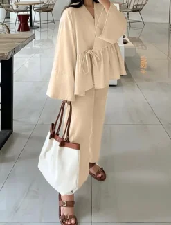 Women's Elegant Bohemia Vacation Pants Sets Long Sleeve Bell Sleeve V Neck Solid Color Lace up Ruched Ruffle Outdoor Vacation Party off white Pink khaki Summer Loose Fit Women Two Piece Sets
