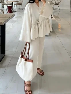 Women's Elegant Bohemia Vacation Pants Sets Long Sleeve Bell Sleeve V Neck Solid Color Lace up Ruched Ruffle Outdoor Vacation Party off white Pink khaki Summer Loose Fit Women Two Piece Sets