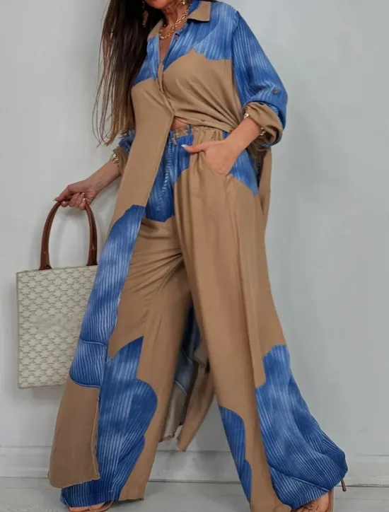Discount Women's Elegant Bohemia Vacation Shirt Pants Sets Long Sleeve Shirt Collar Graphic Patchwork Outdoor Vacation Party claret Navy Blue Summer Loose Fit Women Two Piece Sets