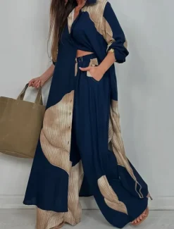 Discount Women's Elegant Bohemia Vacation Shirt Pants Sets Long Sleeve Shirt Collar Graphic Patchwork Outdoor Vacation Party claret Navy Blue Summer Loose Fit Women Two Piece Sets