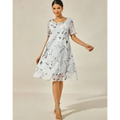 Discount Women's Elegant Chiffon Dress Floral Mesh Print Crew Neck Midi Dress Daily Vacation Short Sleeve Summer Spring Women Chiffon Dresses