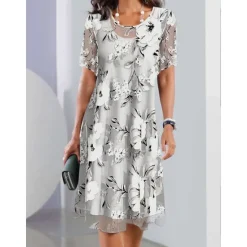 Discount Women's Elegant Chiffon Dress Floral Mesh Print Crew Neck Midi Dress Daily Vacation Short Sleeve Summer Spring Women Chiffon Dresses