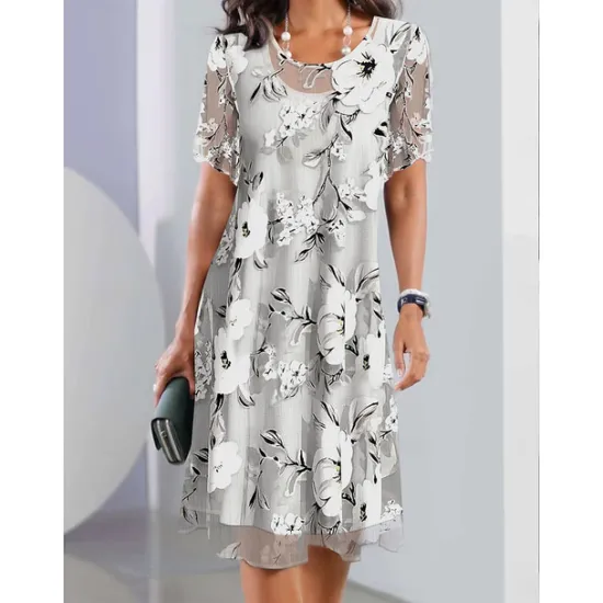 Discount Women's Elegant Chiffon Dress Floral Mesh Print Crew Neck Midi Dress Daily Vacation Short Sleeve Summer Spring Women Chiffon Dresses