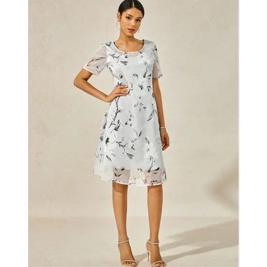 Discount Women's Elegant Chiffon Dress Floral Mesh Print Crew Neck Midi Dress Daily Vacation Short Sleeve Summer Spring Women Chiffon Dresses