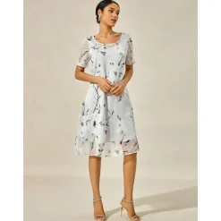 Discount Women's Elegant Chiffon Dress Floral Mesh Print Crew Neck Midi Dress Daily Vacation Short Sleeve Summer Spring Women Chiffon Dresses