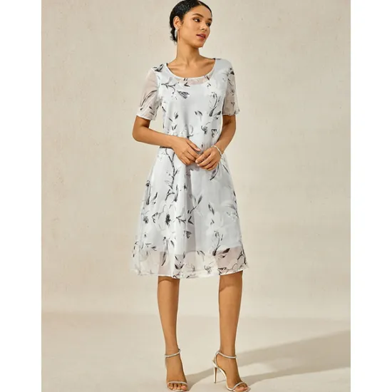 Discount Women's Elegant Chiffon Dress Floral Mesh Print Crew Neck Midi Dress Daily Vacation Short Sleeve Summer Spring Women Chiffon Dresses