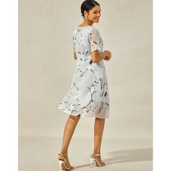 Discount Women's Elegant Chiffon Dress Floral Mesh Print Crew Neck Midi Dress Daily Vacation Short Sleeve Summer Spring Women Chiffon Dresses