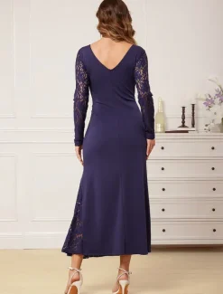 Online Women's Elegant Dress Maxi Dress Ruched Patchwork Formal V Neck Long Sleeve Color Women Work Dresses
