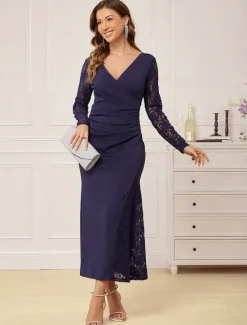 Online Women's Elegant Dress Maxi Dress Ruched Patchwork Formal V Neck Long Sleeve Color Women Work Dresses