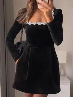 New Women's Elegant Dress Midi Dress Patchwork Elegant U Neck Black White Red Color Women Cocktail Dress